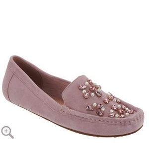 Lightly worn pink embellished suede moccasins